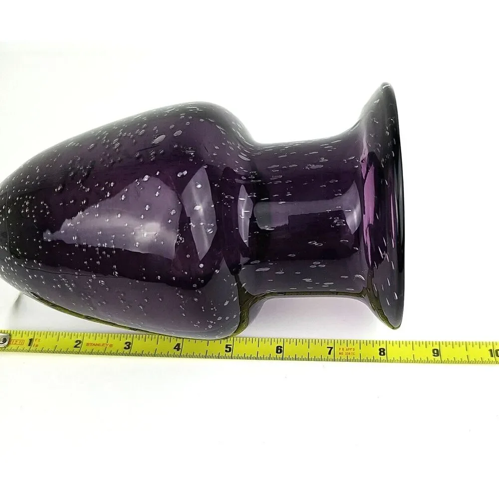 Hand Blown Amethyst Purple Vase Controlled Bubbles Clear Footed Base 8 in Tall